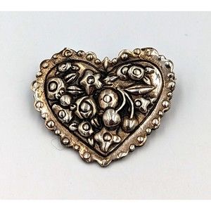 Sterling Silver Floral Heart Brooch Vintage 925 Pin 8.5 Grams Signed